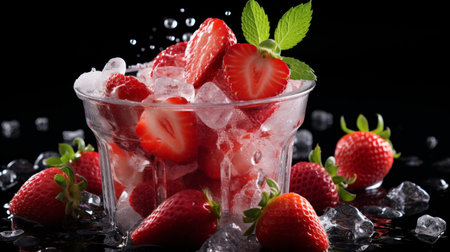 Large cup filled with fresh strawberry juice and ice cubes, refreshing beverage conceptの素材
