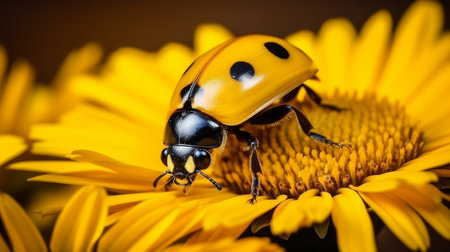 Macro ladybug on flower with blurred background and copy space for text, natural spring sceneの素材