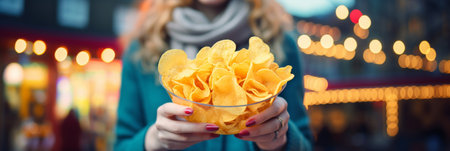 Woman holding glass bowl of potato chips on defocused background with copy spaceの素材