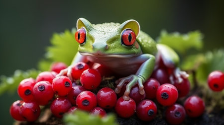 Red eyed treefrog in natural habitat with copy space for text, wildlife photographyの素材