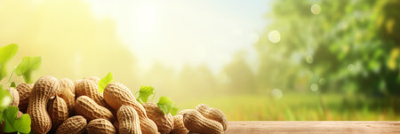 Organic peanuts heap on blurred background with copy space. Healthy snack bannerの素材