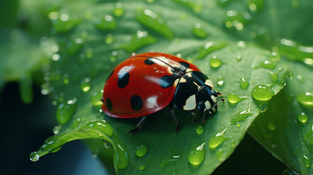 Close-up of red ladybug with copy space for text, macro photography of insect on green leafの素材