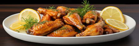 Appetizing chicken wings topped with lemon and herbs with copy space. Bannerの素材