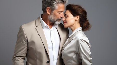 Wealthy senior man kissing attractive stylish young woman with copy space for textの素材