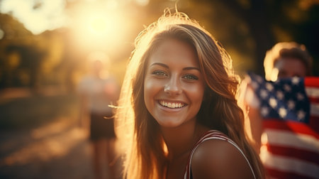 Happy woman celebrating 4th of july independence day with american flag in the united statesの素材