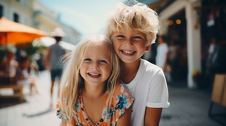 Blonde brother and sister hugging on vacation concept, sibling bonding and family loveの素材