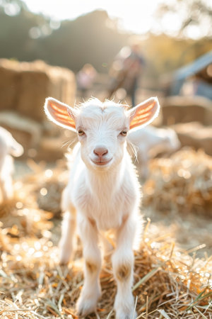 Happy cute goat on farm with copy space, vertical image ideal for animal and farming conceptsの素材