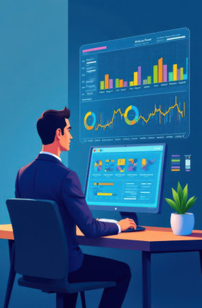 Businessman sitting at desk analyzing data on computer with colorful charts and graphs displayed on wall, representing business analytics, data analysis, and financial market trendsの写真素材