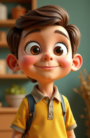 Cheerful cartoon boy with a backpack is smiling, ready to embark on a school day adventure, capturing the innocence and excitement of childhood in a vibrant, stylized portraitの写真素材