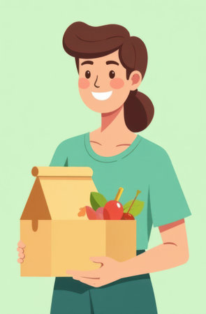 Happy woman carrying a box brimming with fresh fruits and vegetables, celebrating a vibrant healthy lifestyle and the joy of grocery shopping for nutritious mealsの写真素材