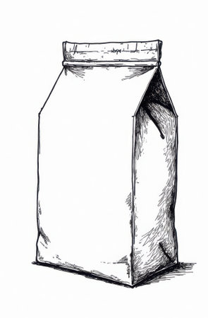 Hand-drawn sketch illustration representing a vertical packaging bag, potentially for coffee, tea, or other dry goods, featuring a folded top and textured shadingの写真素材