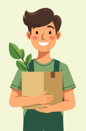 Happy farmer carrying a cardboard box filled with a vibrant green plant, illustrating the commitment to sustainable agriculture and promoting eco-friendly practices in farmingの写真素材