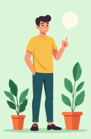 Cartoon illustration featuring a young man standing between two potted plants, pointing his finger while explaining an idea, accompanied by a speech bubble conveying his messageの写真素材