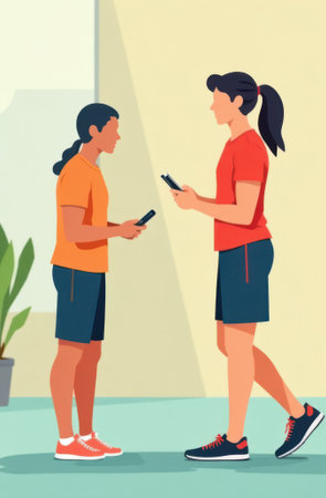 Two athletes are comparing their performance data on their smartphones after a workout session, illustrating the modern integration of technology in fitnessの写真素材