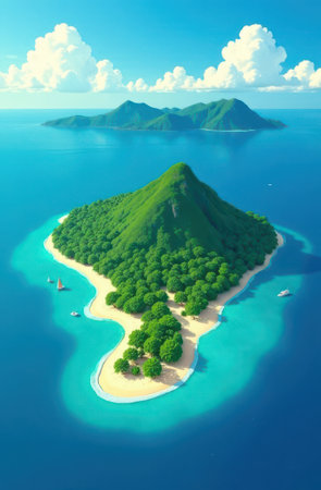 Vertical cartoon illustration depicting a picturesque tropical island with lush green vegetation, vibrant turquoise water, and sailboats gliding across the serene sea under a bright blue skyの写真素材