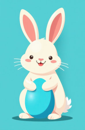 Cartoon illustration of a cute easter bunny holding a big light blue egg, perfect for easter greeting cards, children's books, or any project related to easter celebrationsの写真素材