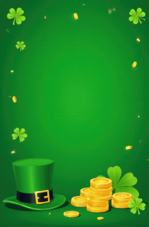 Vertical cartoon illustration featuring a leprechaun hat, gold coins, shamrocks, and falling golden confetti against a vibrant green backdrop, creating a festive st. Patrick's day sceneの写真素材