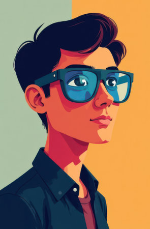 Colorful cartoon portrait of a young male character wearing stylish glasses, showcasing a vibrant and geometric art style with contrasting background colorsの写真素材