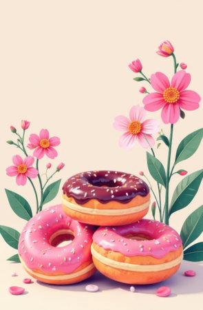 Three colorful donuts, glazed with chocolate and pink icing and sprinkles, are stacked together near blooming pink flowers in this vertical cartoon image, creating a sweet and delightful sceneの写真素材