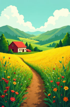 Cartoon illustration depicting a vibrant summer landscape with a winding path through wildflowers leading to a charming farmhouse amid rolling green hills under a bright blue skyの写真素材