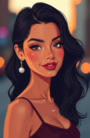 Cartoon illustration of a beautiful young woman with long, wavy black hair, red lips, and pearl earrings, smiling subtly with a slightly blurred background featuring warm, out-of-focus lightsの写真素材