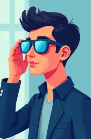 Cartoon illustration featuring a stylish man adjusting his sunglasses, radiating confidence and coolness against a vibrant, eye-catching backdropの写真素材