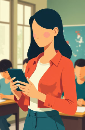 Cartoon illustration depicting a teacher using a smartphone in a classroom while students study diligently at their desks, highlighting technology in educationの写真素材