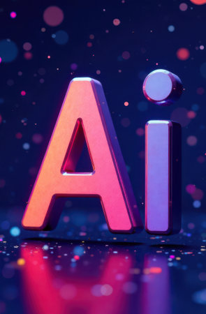 Vibrant, three-dimensional ai symbol glows with a gradient of pink and purple, casting a colorful reflection on a dark surface while particles gently fall around itの写真素材