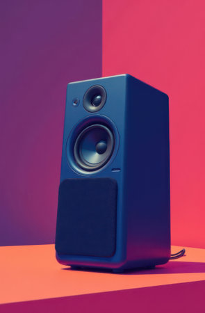 Capturing a modern wireless speaker, producing rich audio on a vibrant two-tone backdrop, enhancing the striking visual contrast with its sleek design and contemporary styleの写真素材