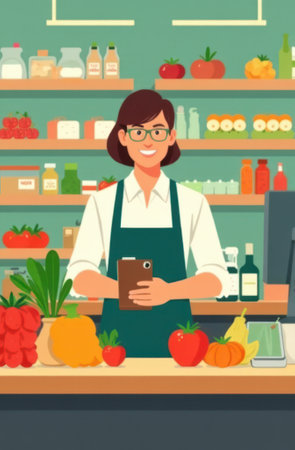 Cheerful saleswoman wearing an apron and glasses holds a tablet behind a counter filled with fresh fruits and vegetables in a well-stocked grocery storeの写真素材