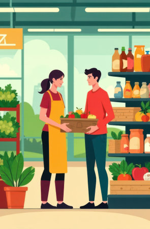 Supermarket employee handing a box of fresh produce to a customer in a grocery store, symbolizing farm-to-table, healthy eating, and the retail food industryの写真素材