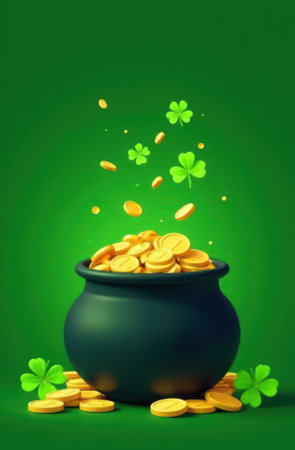 Gold coins falling and overflowing from black cauldron with shamrocks on vivid green background for st. Patrick's day celebration, vertical cartoon imageの写真素材