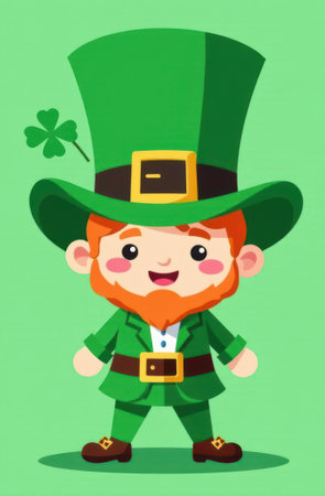 Vertical illustration of a cartoon leprechaun wearing a green suit and hat with a four-leaf clover, celebrating st. Patrick's day with a cheerful expressionの写真素材