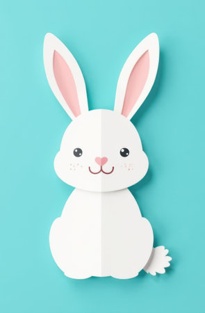 White easter bunny made of paper sitting and smiling against a vibrant turquoise background, creating a cheerful and festive atmosphere perfect for celebrating the holiday seasonの写真素材