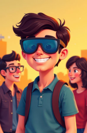 Cartoon illustration of a cheerful teenager with sunglasses and a backpack, enjoying time with friends in a vibrant urban environment, showcasing youthful confidence and camaraderieの写真素材