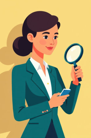 Cartoon businesswoman using a magnifying glass and smartphone, searching and analyzing online information for effective business strategies and data-driven decision-makingの写真素材