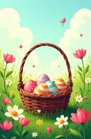 Cartoon illustration of a wicker basket full of colorful easter eggs nestled in a vibrant meadow of blooming flowers under a sunny sky, capturing the joyful essence of easterの写真素材