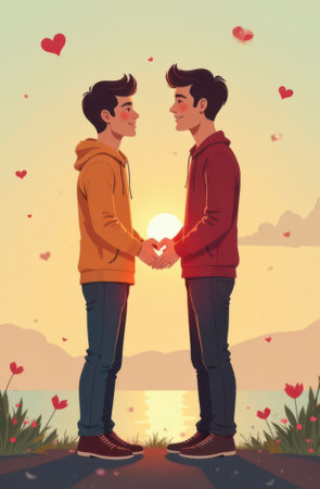 Two young men are making a heart shape with their hands while standing near a lake at sunset, with hearts floating in the air, creating a romantic and affectionate sceneの写真素材