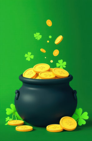 Gold coins falling and overflowing from a black cauldron surrounded by shamrocks on a vibrant green background, creating a festive visual for st. Patrick's day celebrationsの写真素材