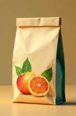 Vertical cartoon illustration of a golden paper bag showing grapefruit and orange with leaves, product packaging mockup on a plain backgroundの写真素材