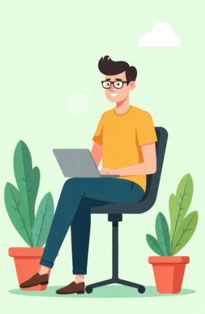 Cartoon illustration of a smiling freelancer working on his laptop in a cozy home office, sitting...