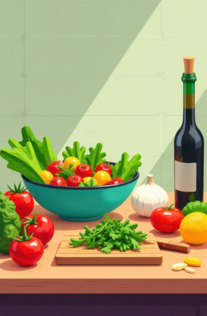 Vibrant illustration featuring a kitchen counter adorned with a colorful salad bowl, fresh tomatoes, garlic, lemon, herbs on a cutting board, and a bottle of wineの写真素材