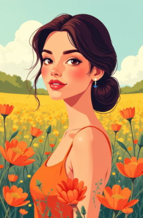 Cartoon illustration of a beautiful woman with brown hair wearing an orange dress and earrings. Standing in a field of orange flowers on a sunny day with a blue sky and green trees in the backgroundの写真素材