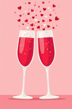 Valentine's day greeting card with two glasses of champagne and heartsの写真素材