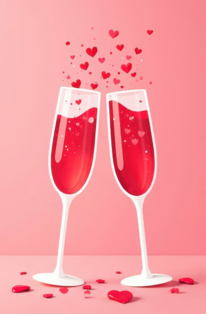 Cartoon illustration of two champagne flutes filled with a red drink, toasting with floating hearts on a pink background, celebrating valentine's day with love and romanceの写真素材
