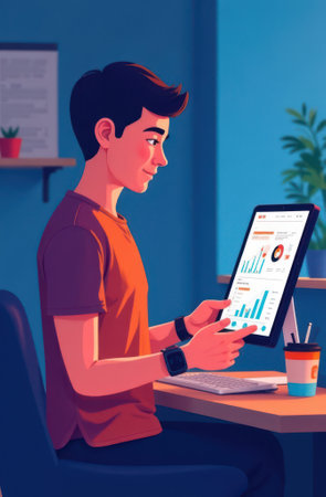 Young office worker checking and analyzing data and charts on a tablet while working at a desk during the night, depicted in a vibrant cartoon-style illustrationの写真素材