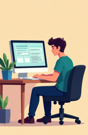 Young man programmer is sitting on chair at desk and working on computer, coding or creating new software in home office, cartoon vertical illustrationの写真素材