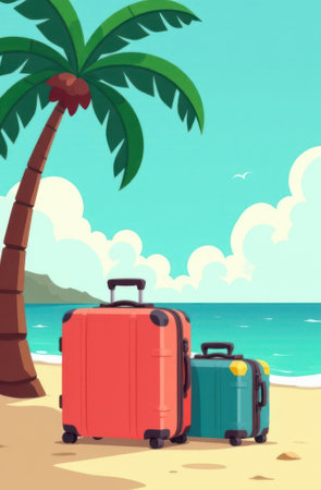 Two suitcases are standing on a sandy beach next to a palm tree, overlooking a tranquil turquoise sea, embodying the essence of a relaxing vacation getawayの写真素材