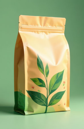 Vertical doypack packaging with zipper and green tea leaf illustration is standing on green background, creating a visually appealing presentation for tea product packagingの写真素材
