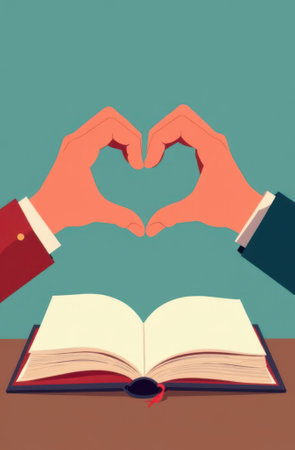 Two businessmen are making heart shape with their hands over an open book placed on a wooden desk, expressing their love for reading and literature in a cartoon styleの写真素材